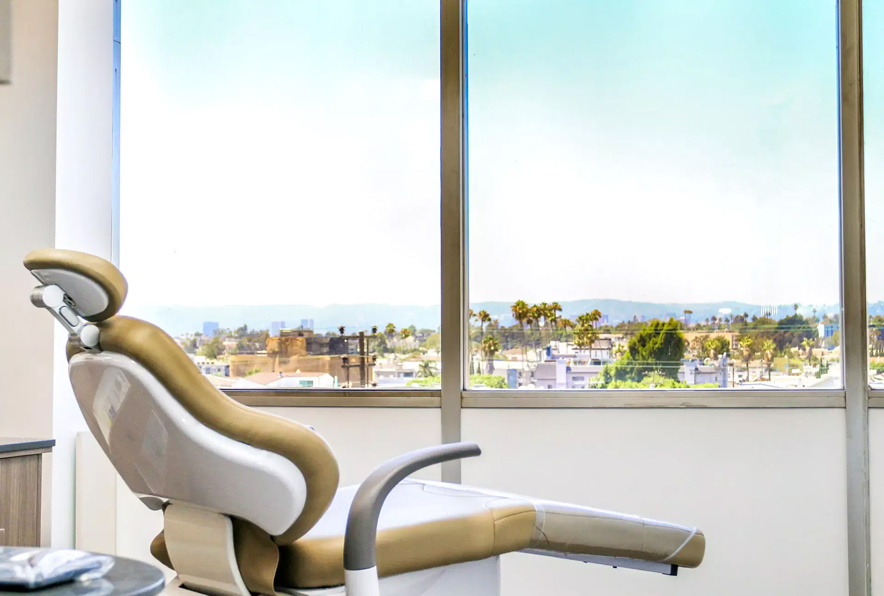 The image shows a modern dental office interior with a large window view of an urban landscape, featuring a city skyline and palm trees.
