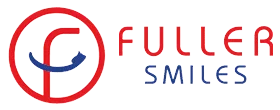 The image shows a logo with the text Fuller Smiles at the bottom, indicating a dental care service, featuring an abstract design resembling a smile with teeth and gums.
